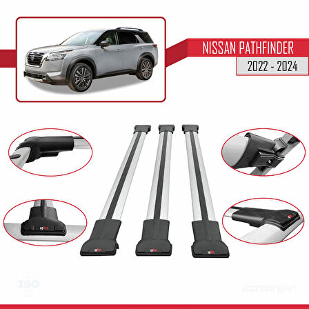 Nissan Pathfinder 2022-2024 Arası ile Uyumlu FLY Model Ara Atkı Tavan Barı Gri 3 Adet