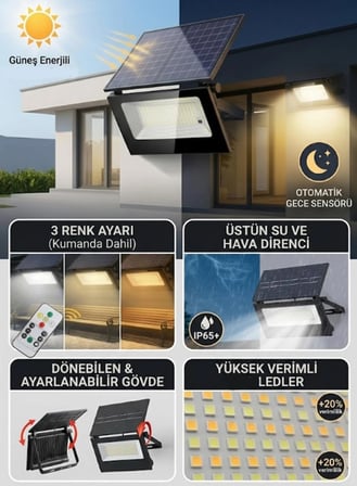 60 Watt Solar Led Projektör - Güneş Enerjili Bahçe Lambası Günışığı-Beyaz-Sarı Renk- Zaman ve Parlaklık Ayarı