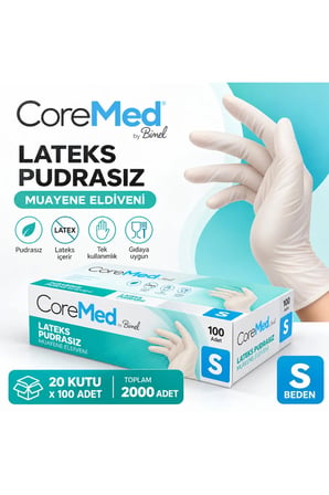 CoreMed Lateks Pudrasız Muayene Eldiveni S Beden Koli 2000 Adet