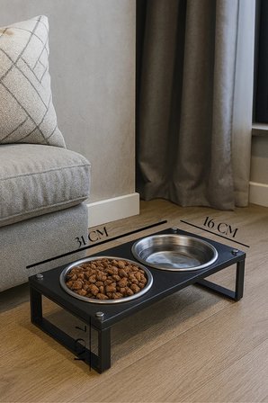 Reyo OK-AY Store Zorvia Paslanmaz Çelik Kedi Köpek Mama ve Su Kabı Standı %10 Eğimli Siyah-Siyah