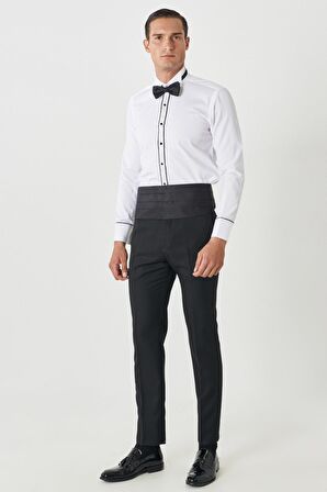 Erkek Siyah Ekstra Slim Fit Dar Kesim Kırlangıç Yaka Desenli Yelekli Smokin Takım