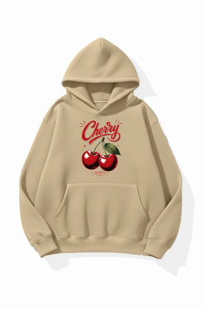 Unisex Yumuşak Dokulu Retro Cherry Baskılı Tasarım Oversize 3 İplik Hoodie Sweatshirt
