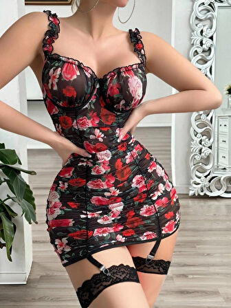 LA VIOR KADIN ÇİÇEK DESENLİ FANTEZİ GECELİK/ELBİSE (ÇORAPLAR DAHİL DEĞİLDİR)