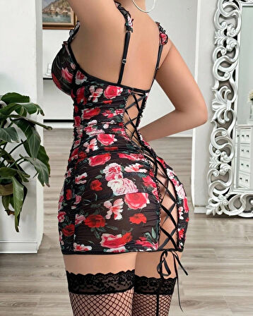 LA VIOR KADIN ÇİÇEK DESENLİ FANTEZİ GECELİK/ELBİSE (ÇORAPLAR DAHİL DEĞİLDİR)