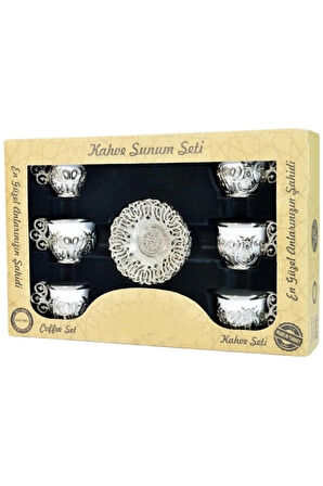 Türk Kahvesi Sunum Seti – Metal Lale Motifli 6'lı Kahve Fincan Takımı