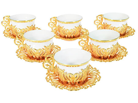 Türk Kahvesi Sunum Seti – Gold Metal Lale Motifli 6'lı Kahve Fincan Takımı