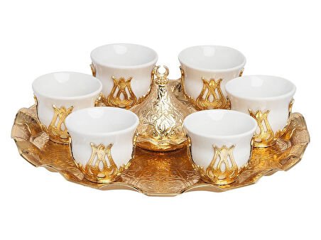Altılı Gold Metalli Kahve Fincanı Takımı – Mırra Kahvesi Sunumu İçin Özel Set  | Arap Espresso & Zemzem Takımı