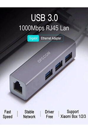 Usb 3.0 3 port Hub ve Gigabit Ethernet Uyumlu Adaptör Ikisi Bir Arada Usb Adaptör Alüminyum Kasa