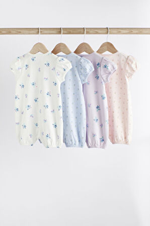 Next Baby % 100 Pamuklu Beyaz Mavi Pembe Çiçekli 4’lü Romper Set