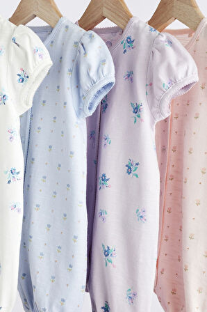 Next Baby % 100 Pamuklu Beyaz Mavi Pembe Çiçekli 4’lü Romper Set