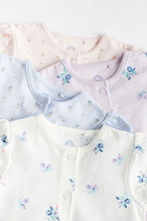 Next Baby % 100 Pamuklu Beyaz Mavi Pembe Çiçekli 4’lü Romper Set