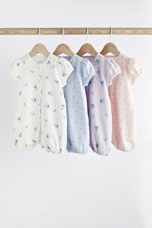 Next Baby % 100 Pamuklu Beyaz Mavi Pembe Çiçekli 4’lü Romper Set