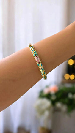 Yeşil Yapraklı Pembe Çiçek Mineli Çelik Bilezik