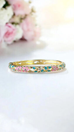 Yeşil Yapraklı Pembe Çiçek Mineli Çelik Bilezik