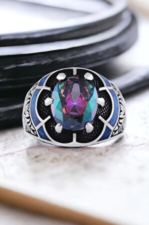 Erkek Gümüş Yüzük - 925 Ayar Gümüş Erkek Mistik Toplaz Taşlı Minimal Erkek Gümüş Yüzük