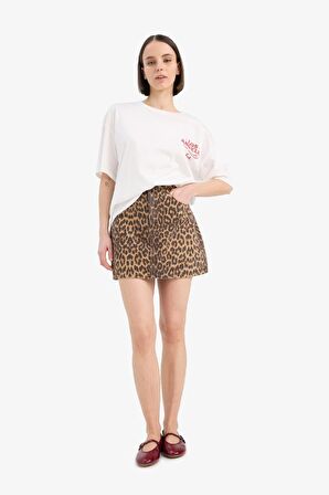 Coool Leopar Desenli Normal Bel Gabardin Mini Etek