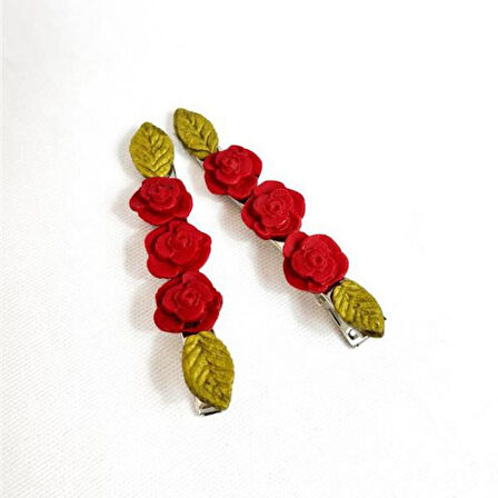 Uretti - Hülya 6683 5734 El Yapımı Gül Desenli Polimer Kil 2’li Set Yan Saç Tokası / 7.5 cm