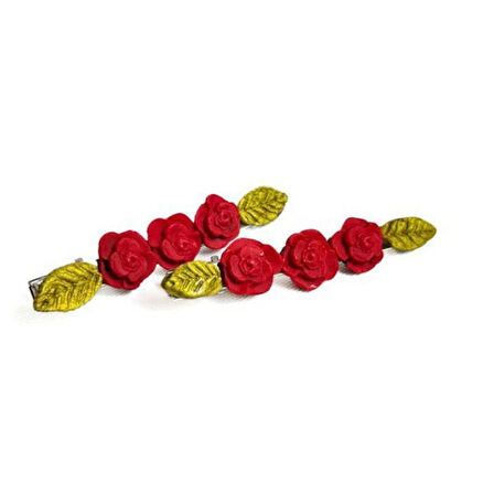 Uretti - Hülya 6683 5734 El Yapımı Gül Desenli Polimer Kil 2’li Set Yan Saç Tokası / 7.5 cm