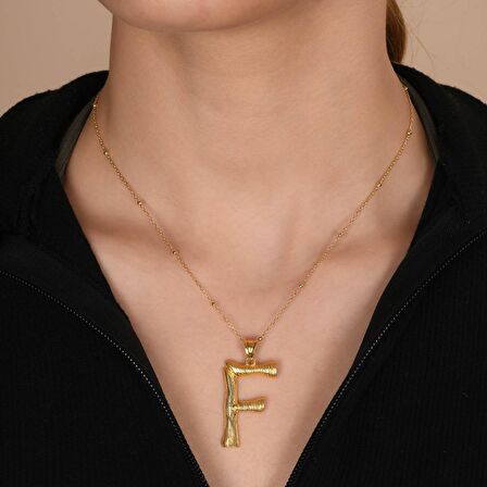 Altın Kaplama Bambu Desenli F Harfi Gümüş Kolye