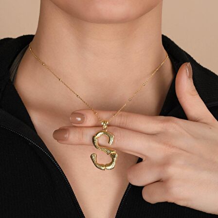 Altın Kaplama Bambu Desenli S Harfi Gümüş Kolye