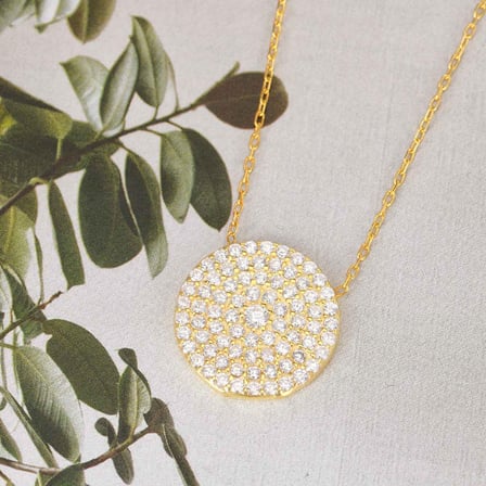 Zirkon Taşlı Pırlanta Montür Altın Kaplama 16.50 mm Yuvarlak Gümüş Kolye
