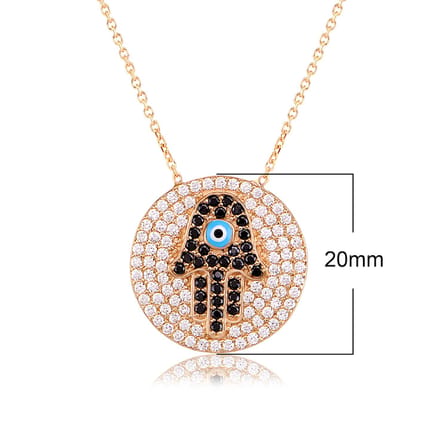 EMILIANO JEWELLERY Zirkon Taşlı Rose Altın Kaplama Ortası Siyah Taşlı Fatma Eli Desenli Kolye