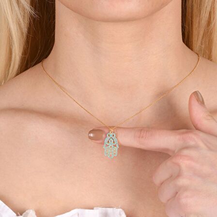 Turkuaz Zirkon Taşlı Pırlanta Montür Altın Kaplama Fatmanın Eli Gümüş Kolye