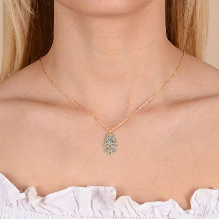 Turkuaz Zirkon Taşlı Pırlanta Montür Altın Kaplama Fatmanın Eli Gümüş Kolye