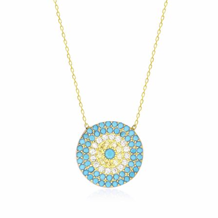 Turkuaz Beyaz Sarı Taşlı Altın Kaplama 16.50 mm Yuvarlak Gümüş Kolye