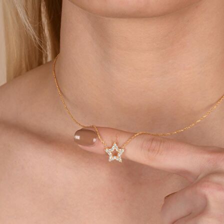 Zirkon Taşlı Pırlanta Montür Yıldız Desenli Altın Kaplama Gümüş Kolye