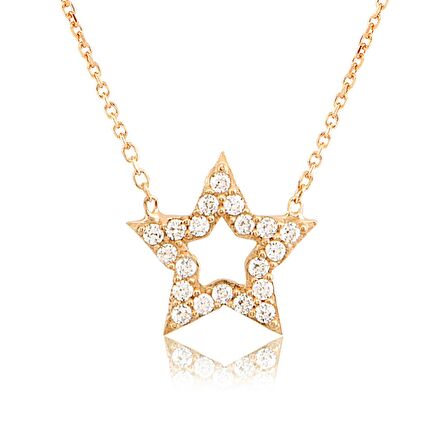 Zirkon Taşlı Pırlanta Montür Yıldız Desenli Altın Kaplama Gümüş Kolye