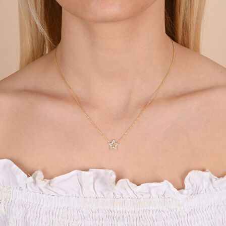 Zirkon Taşlı Pırlanta Montür Yıldız Desenli Altın Kaplama Gümüş Kolye