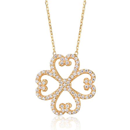 Zirkon Taşlı Pırlanta Montür Kalp Desenli Çiçek Altın Kaplama Gümüş Kolye