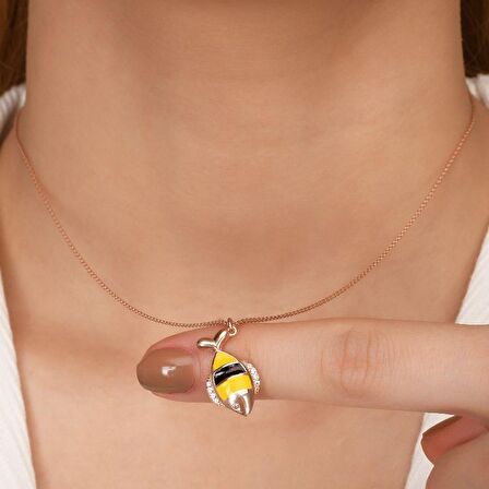 Zirkon Taşlı Pırlanta Montür Mineli Balık Rose Kaplama Gümüş Kolye