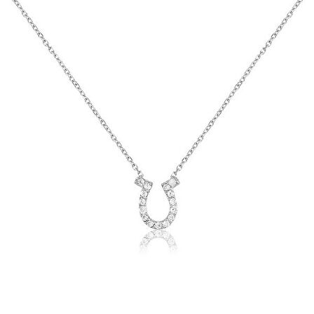 Zirkon Taşlı Pırlanta Montür Gümüş Rengi Kaplama Gümüş Nal Şans Kolye