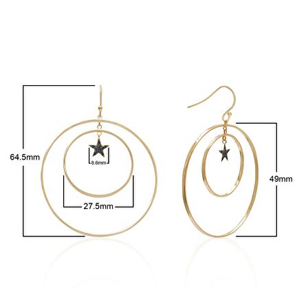 Siyah Taşlı Halkalı Altın Kaplama Yıldız Gümüş Küpe