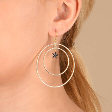 Siyah Taşlı Halkalı Altın Kaplama Yıldız Gümüş Küpe