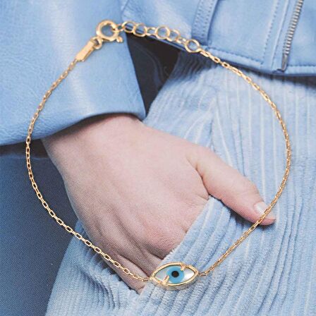 Sedef Göz Desenli Sembol Nazar Boncuklu Altın kaplamalı Gümüş Bileklik