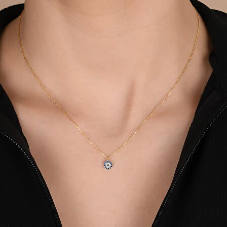 Minimal 7mm Pave Yuvarlak Nazar Boncuk Dizilimli Pırlanta Montür Altın Kaplama Gümüş Kolye