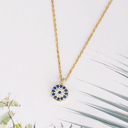 Minimal 7mm Pave Yuvarlak Nazar Boncuk Dizilimli Pırlanta Montür Altın Kaplama Gümüş Kolye