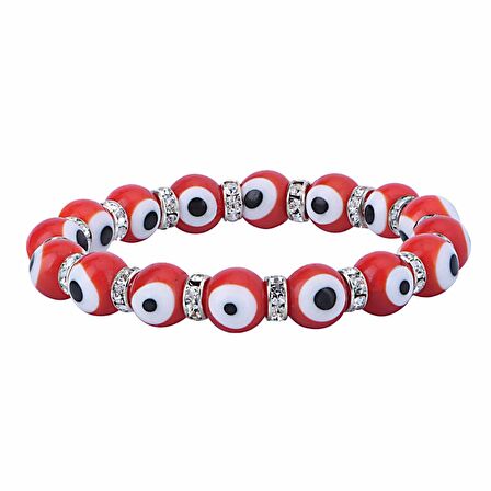 Stretch 10 mm Kırmızı Renk Nazar Boncuklu Kristal Taşlı Rondel  Bileklik