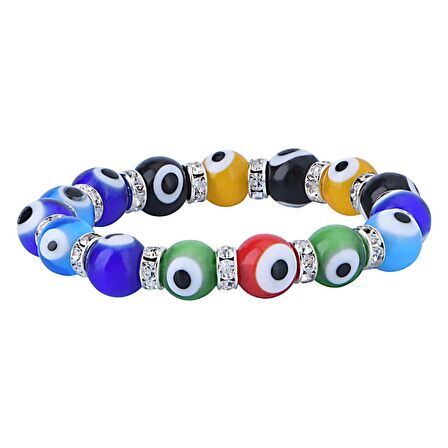Stretch 10 mm Çok Renkli Multi Color GökKuşağı Renk Nazar Boncuklu Kristal Taşlı Rondel  Bileklik
