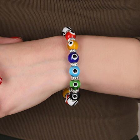 Stretch 10 mm Çok Renkli Multi Color GökKuşağı Renk Nazar Boncuklu Kristal Taşlı Rondel  Bileklik