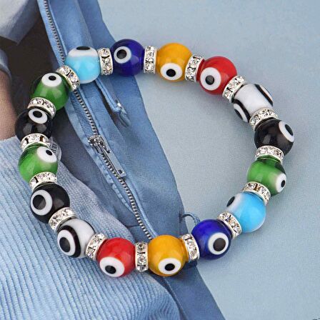 Stretch 10 mm Çok Renkli Multi Color GökKuşağı Renk Nazar Boncuklu Kristal Taşlı Rondel  Bileklik