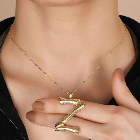 Altın Kaplama Bambu Desenli Z Harfi Gümüş Kolye