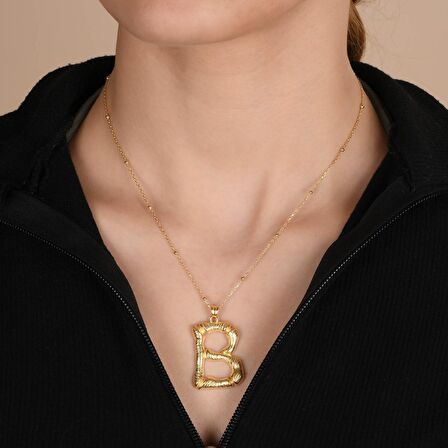 Altın Kaplama Bambu Desenli B Harfi Gümüş Kolye