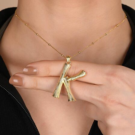 Altın Kaplama Bambu Desenli K Harfi Gümüş Kolye