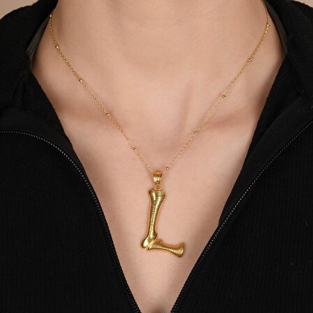 Altın Kaplama Bambu Desenli L Harfi Gümüş Kolye