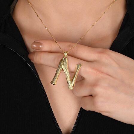 Altın Kaplama Bambu Desenli N Harfi Gümüş Kolye