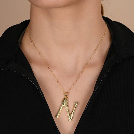 Altın Kaplama Bambu Desenli N Harfi Gümüş Kolye